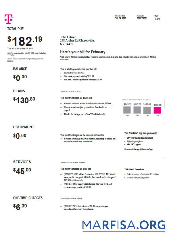 Printable USA T mobile utility bill template in Word and PDF formats, version 4